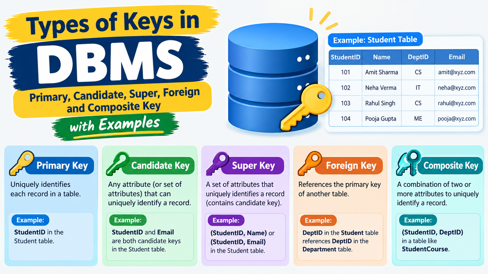 Types of Keys in DBMS: Primary, Candidate, Super, Foreign and Composite Key with Examples